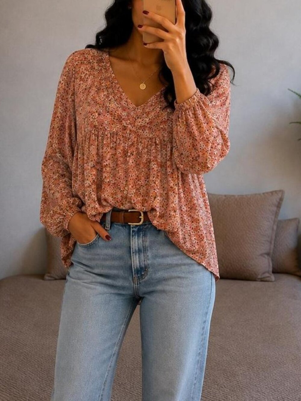 Sonoma Smocked Floral Babydoll Blouse